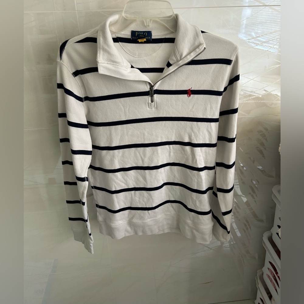 Polo Ralph Lauren White and Navy Blue Striped Pullover